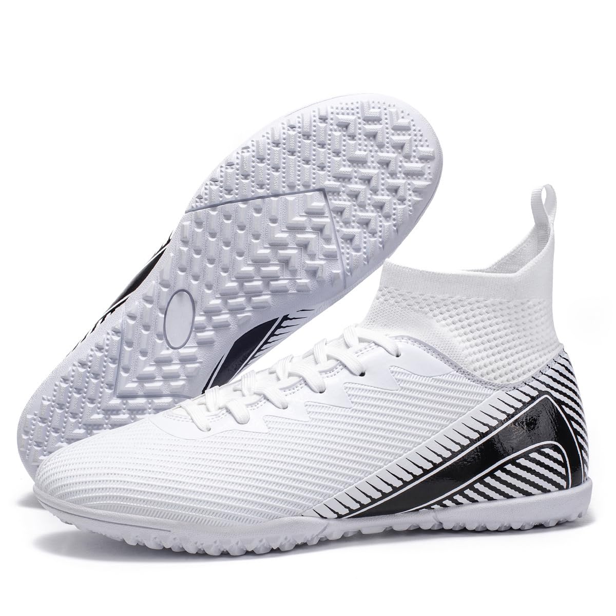 Stylowe buty piłkarskie wysokie cholewki, elastyczny kołnierz, siateczka, sznurówki, FG TF Trawa, trening, mecz, trawa, boisko, unisex, rozmiary 38-45, Biała, 45 EU