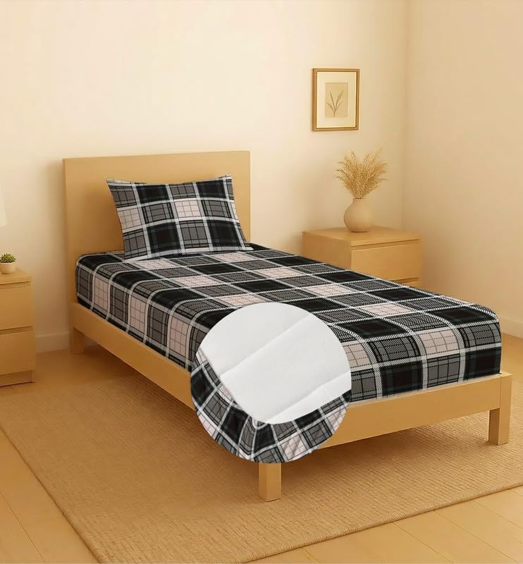 Image of Premium Cotton Elastic Fitted Bedsheets with 1 Pillow Covers |Floral Printed Single Bed Elastic 220 TC Supersoft Breathable & Wrinklefree | for 72x36+6 Inches, Urban Black