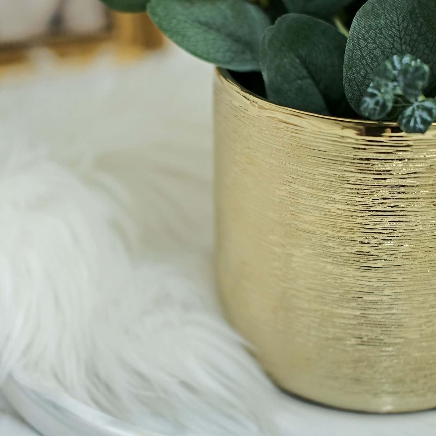 Efavormart 2-Pack 5" Gold Ceramic Planter Pots, Round Textured Metallic Finish – Modern Brushed Indoor Flower Pot for Home, Office, and Desk Decor