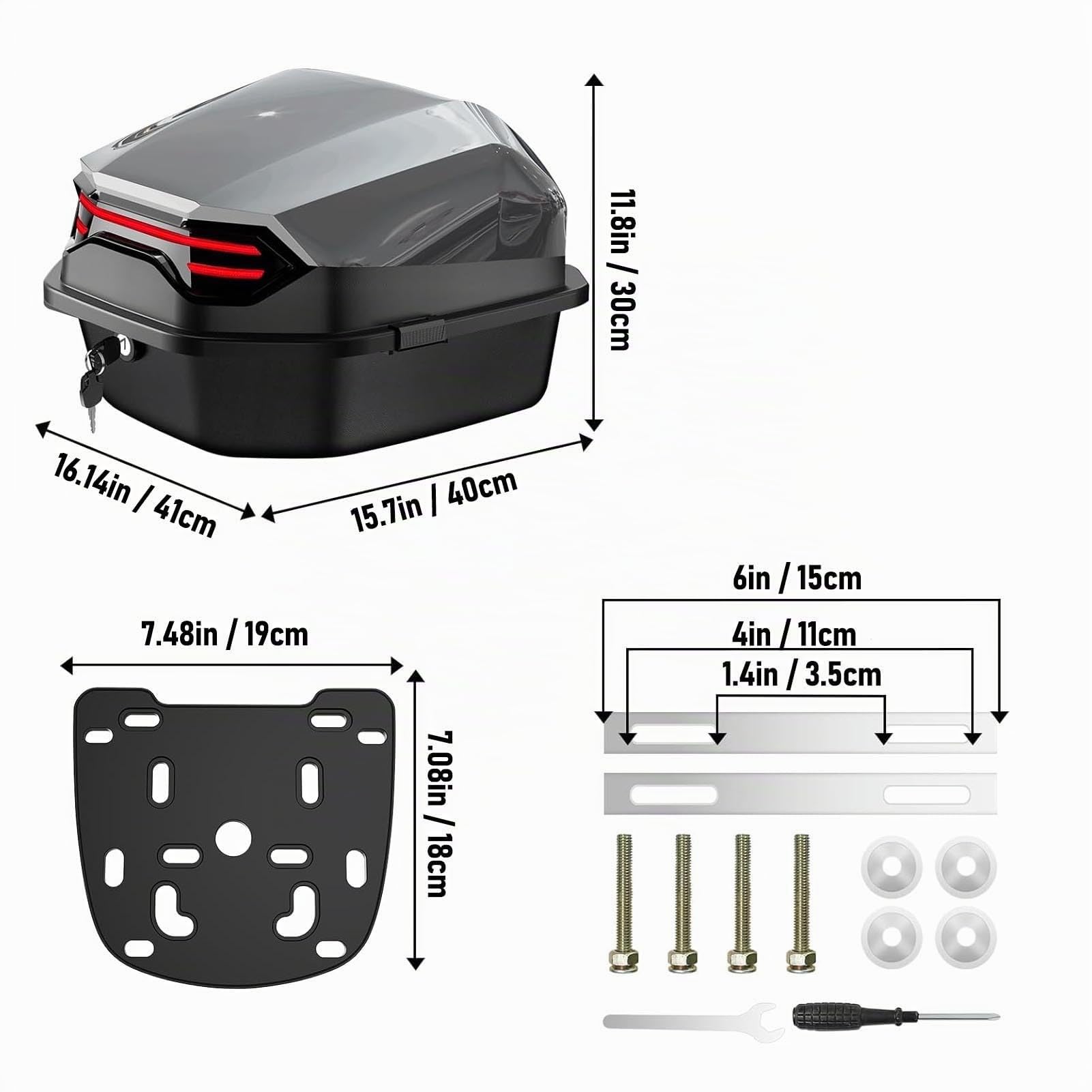 35L Motorrad-Topcase, Wasserdichter, Staubdichter ABS-Aufbewahrungskoffer mit Integrierter Rückenlehne und Reflektierenden Streifen, Universell für Motorräder, Motorroller