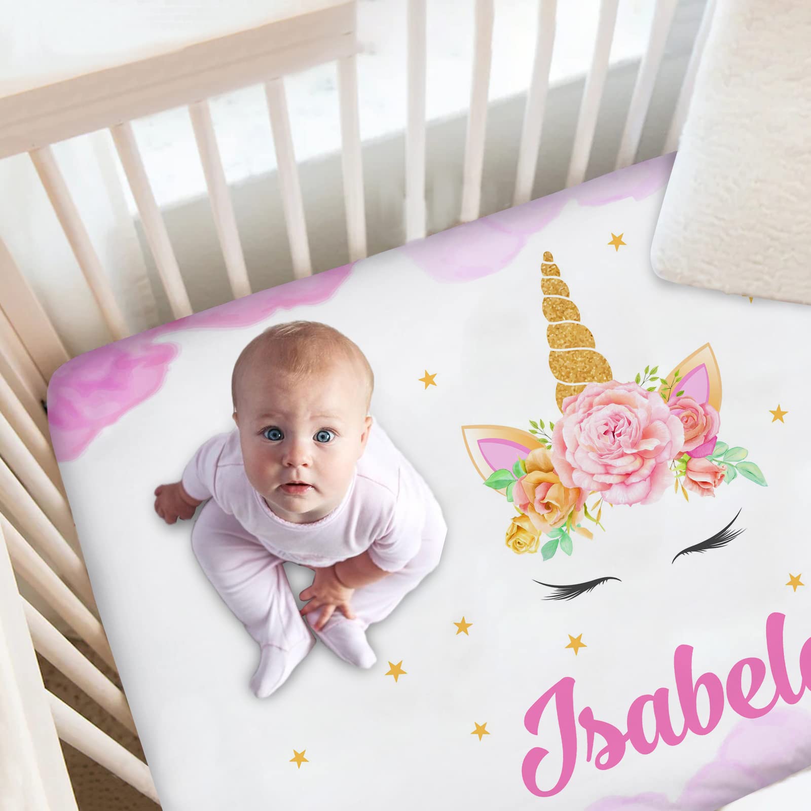 Personalized Unicorn Baby Crib Sheets for Baby Girls, Custom Fitted Crib Bedding Sheets with Name, Mini Crib Sheet, Pack and Play Sheets, Crib Mattress Sheets, Name Crib Sheets
