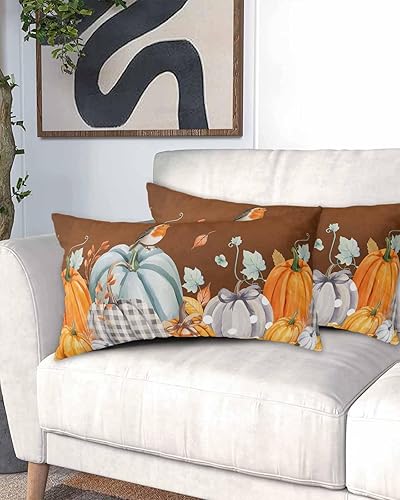 Miniatura 2 de Fundas de almohada de tamaño King con calabazas marrones, fundas de almohada suaves decorativas para sofá de cuerpo largo, con cierre de sobre,