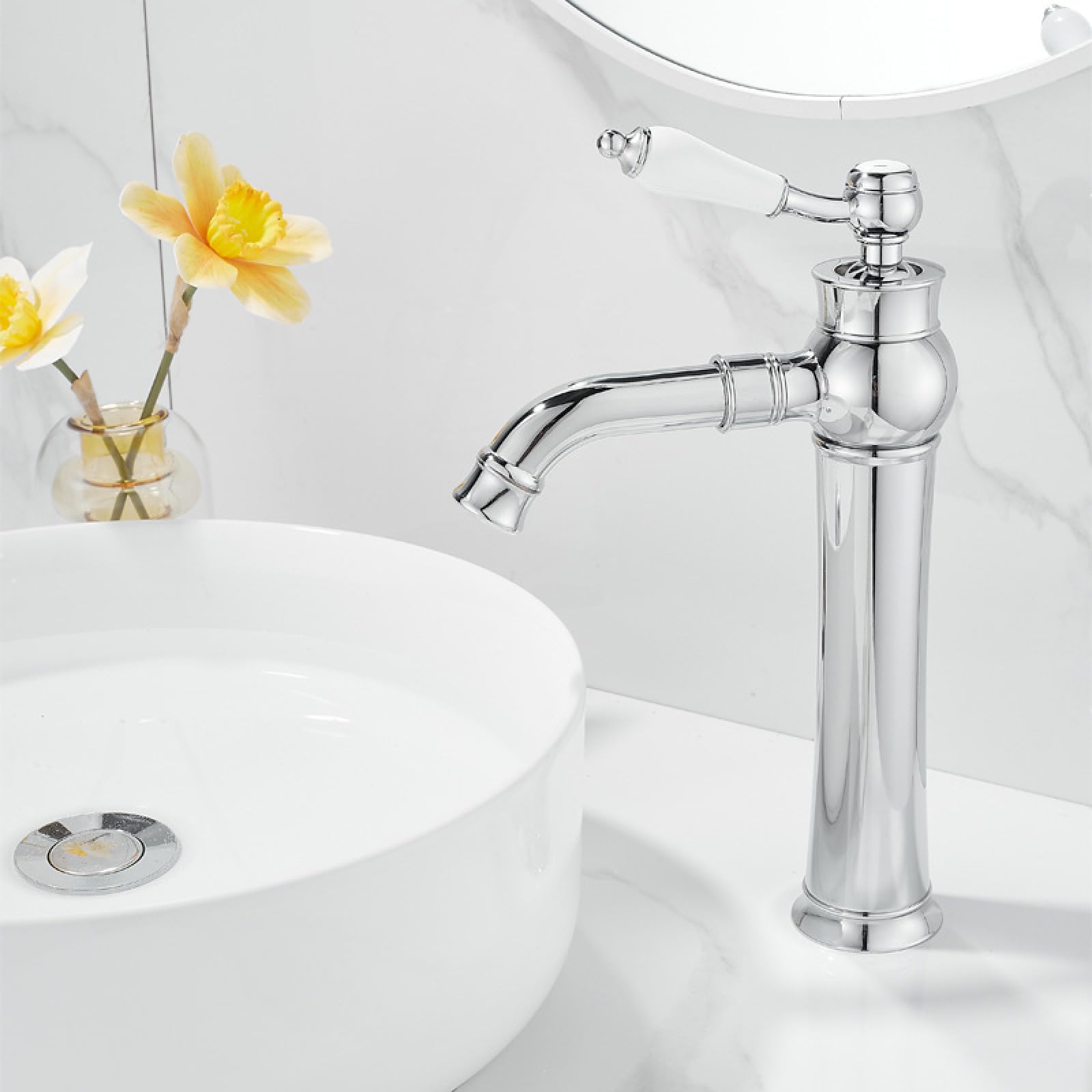 Fanjubei Ceramic Handle Plated High Bathroom Copper Washbasin Hot And Cold Water Faucet, Ceramic Handle Electroplated High