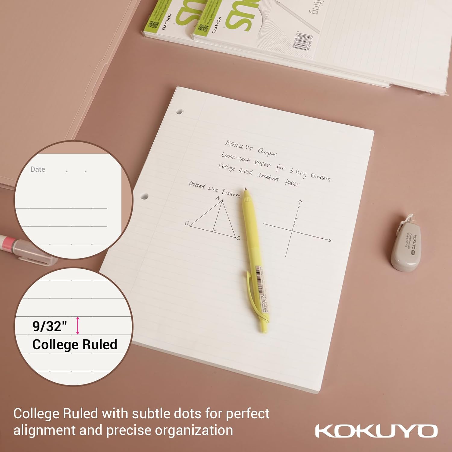 Kokuyo Campus Loose Leaf Paper for 3 Ring Binders, 11” x 8-1/4” Smooth Writing Lined Paper, 500 Sheets, 70 GSM, College Ruled, Bleeding-Resistance, School Suppliers, Made in Japan (WSG-NO-887G1x5)