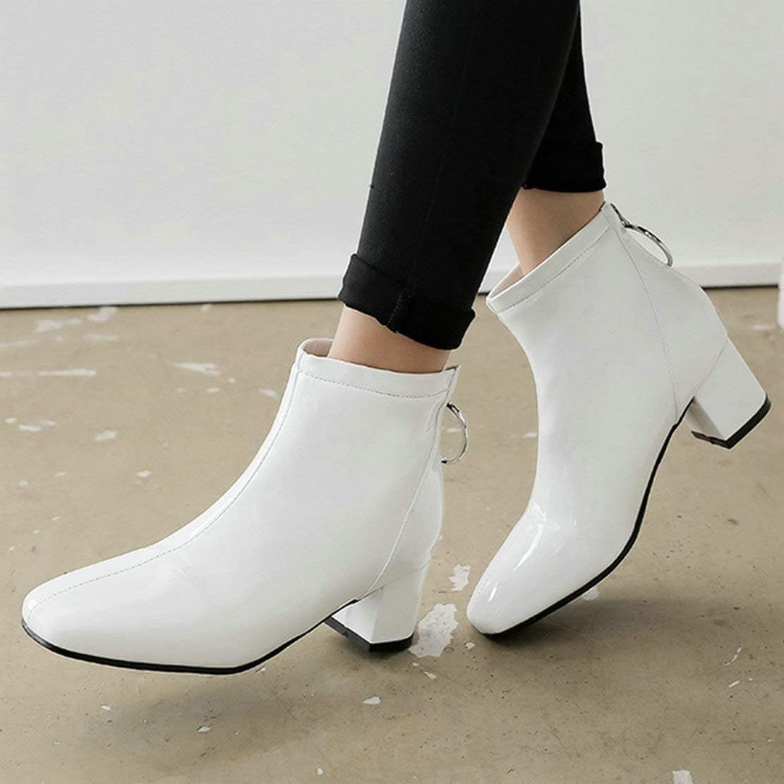 MAVMAX Women's Patent Leather Ankle Boots Chunky Heels Round Toe Booties