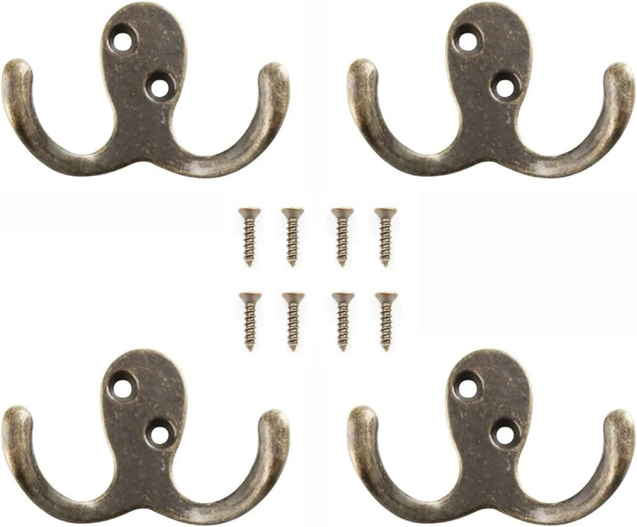 4-Pack Heavy-Duty Double Fork Coat Hooks-Wall Hooks with 8 Screws for Towels, Jackets, Bags & Hats (Silver, Large)