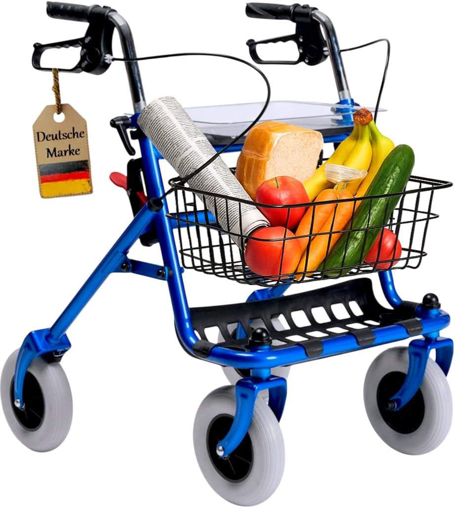 FabaCare Rollator mit Vollausstattung, Gehhilfe faltbar, Standardrollator, Korb, Sitz, Tablett, Farbe Blau