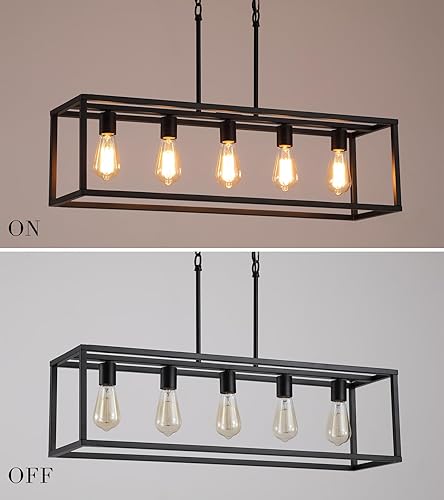 Miniatura 9 de AMZASA Lámpara rectangular negra para isla de cocina, lámpara industrial rectangular moderna para comedor 5 luces lineal vintage jaula luminarias UL