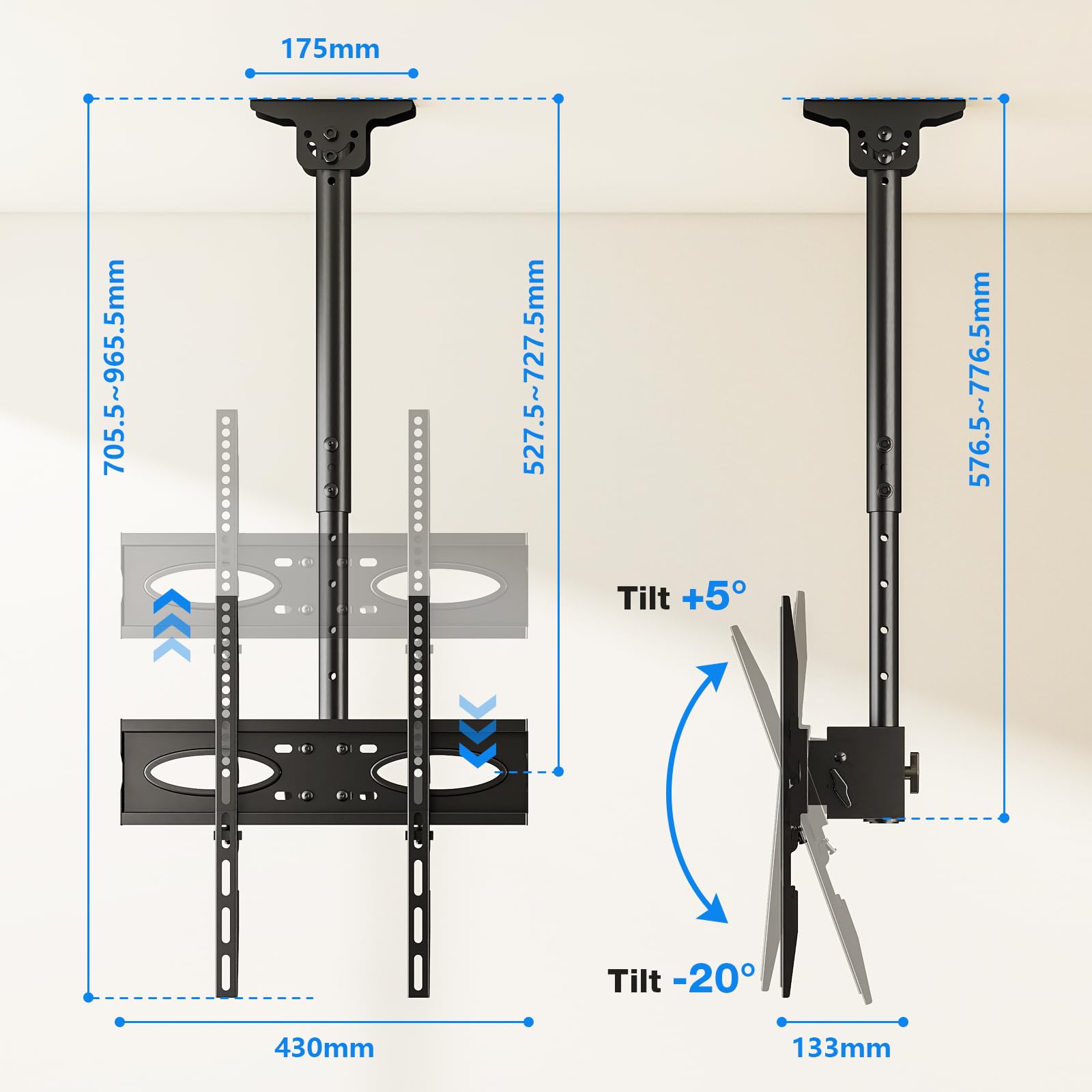 Rfiver Staffa per TV da soffitto regolabile e girevole per TV da 32-65", rotazione a 360°, supporto per TV fino a 40 kg, VESA max 400 x 400 mm