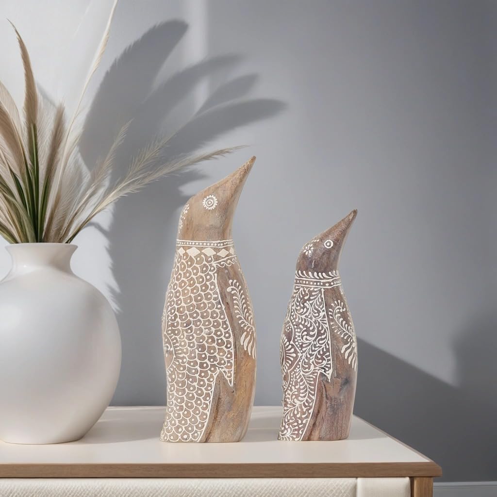 2er Set Boho Tierfigur Pinguin handgefertigt aus Holz 25 cm Dekoration