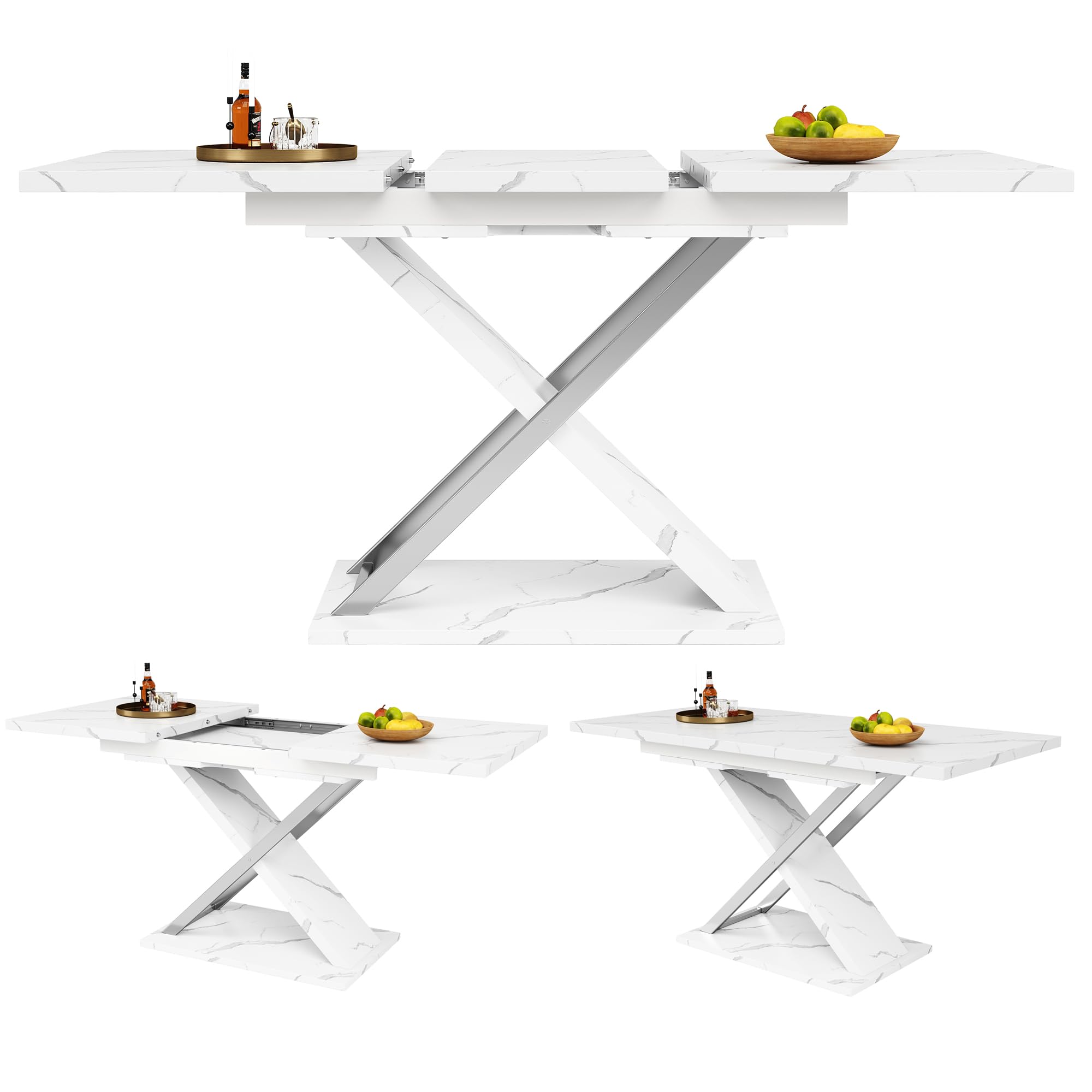 Esstisch Ausziehtisch (118/157×75cm), Küchen-Wohnzimmertisch, Anstecktisch, Ausziehbar auf 118-157cm mit Hilfe von Innenliegender Einlegeplatte, Esstisch mit Kreuzbeinen，Weiß & Silber