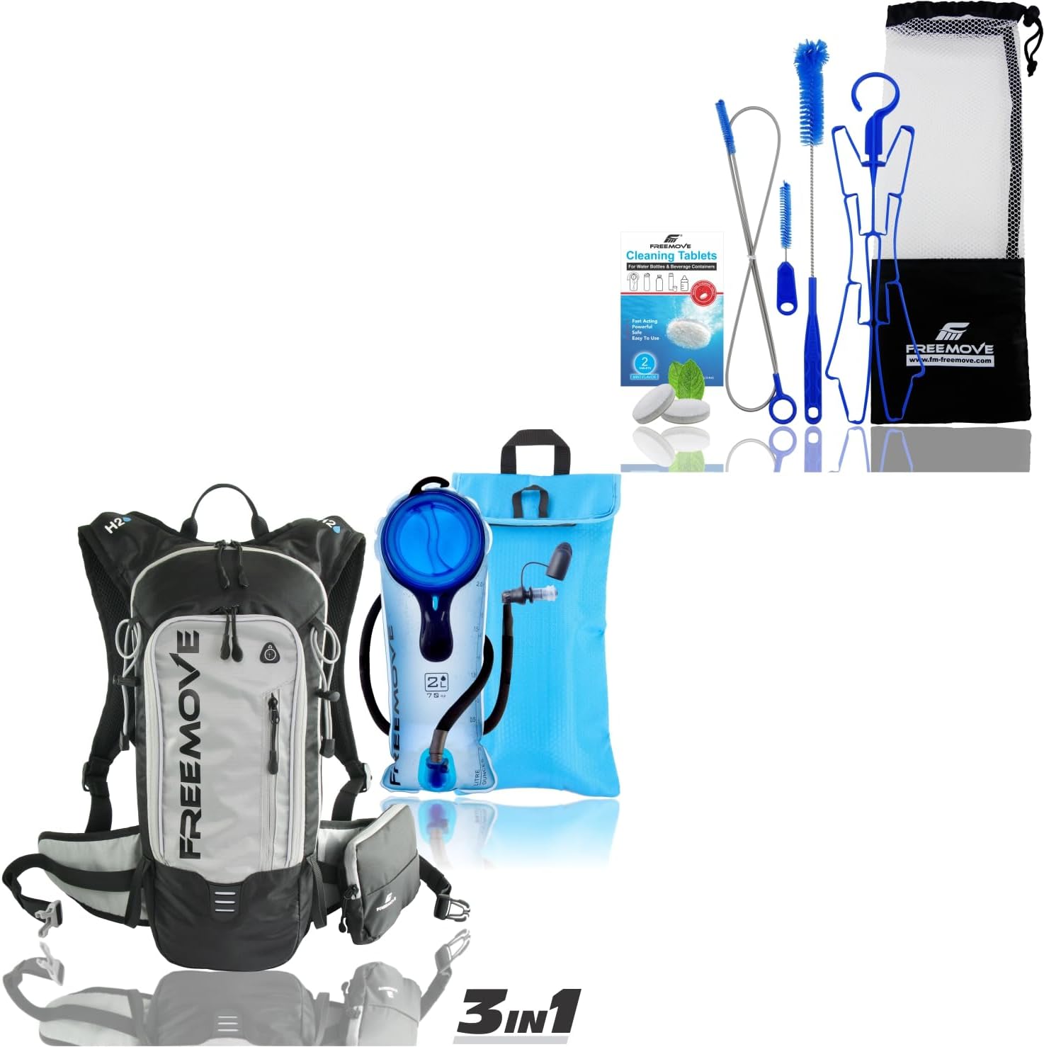 FREEMOVE Hydration Pack Backpack 3in1 - GRAY + Cleaning Kit 6in1 for Water Bladder