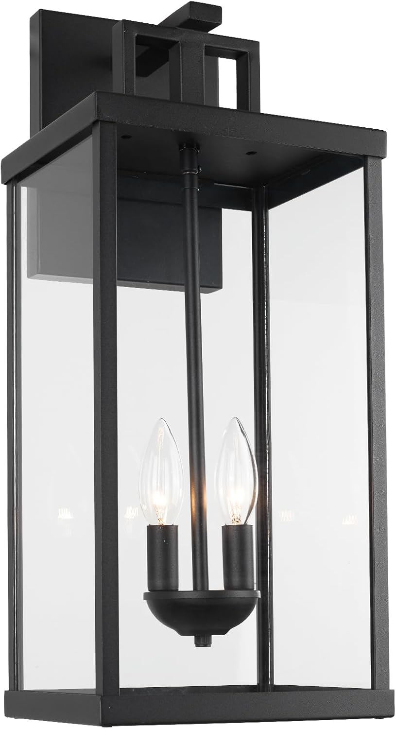 Outdoor Lantern, 21 Inch Exterior Waterproof Wall Sconce Light Fixture, Black Front Porch Light with Clear Glass, Modern Outside Lamp for Patio Doorway