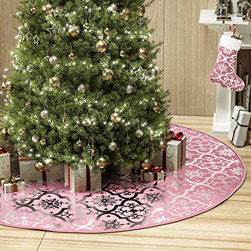 Blivalley Christmas Tree Skirt 48 Inch Pink Xmas Tree Skirt for Christmas Decorations Xmas Tree Mat with Christmas Stocking for Holiday Party&Home Decor