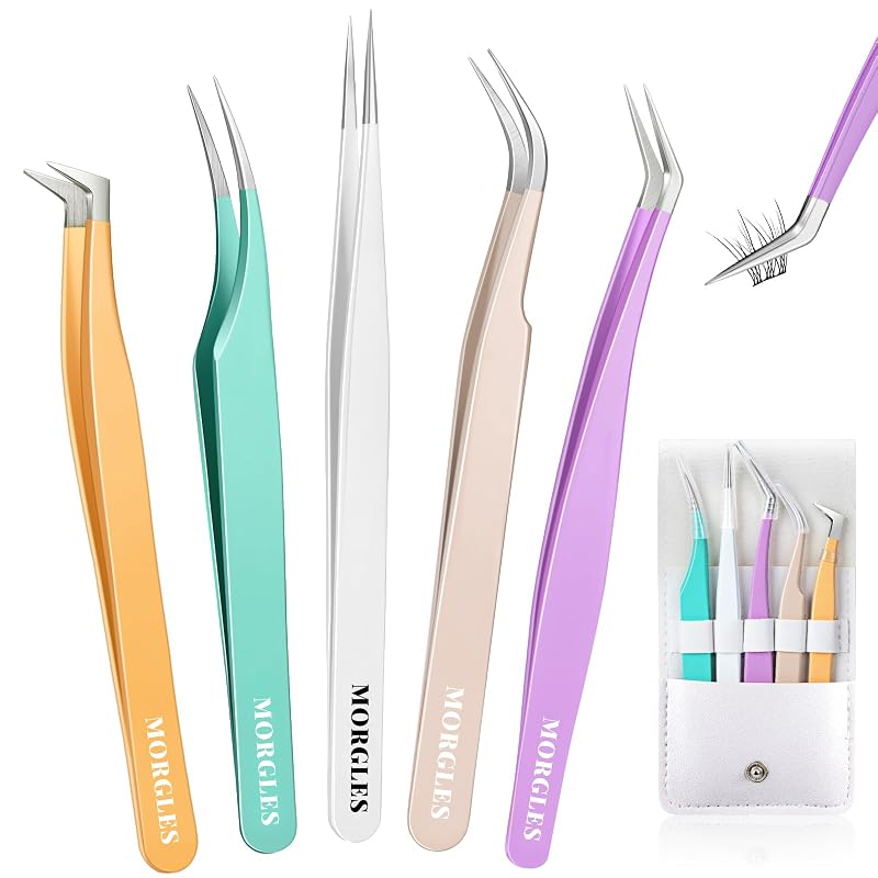 MORGLES Kit com 5 Pinças para Extensão de Cílios e Estojo
