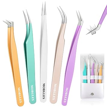 MORGLES Straight & Curved Lash Tweezers for Eyelash Extensions, 5 Pcs Precision Eyelash Tweezers for False Lashes, Lash Applicator Tool for Women Beginners