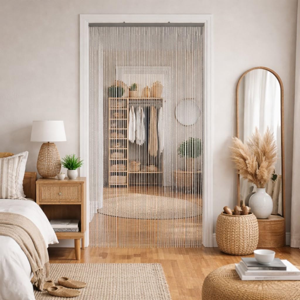 EVIDECO French Home Goods Bamboo Beaded Door Curtain 65 Strings 79" W x 36" W Gray