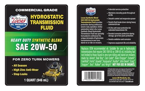 Lucas Oil 11300 Synthetic Blend SAE 20W-50 Hydrostatic Transmission Fluid - 1 Quart