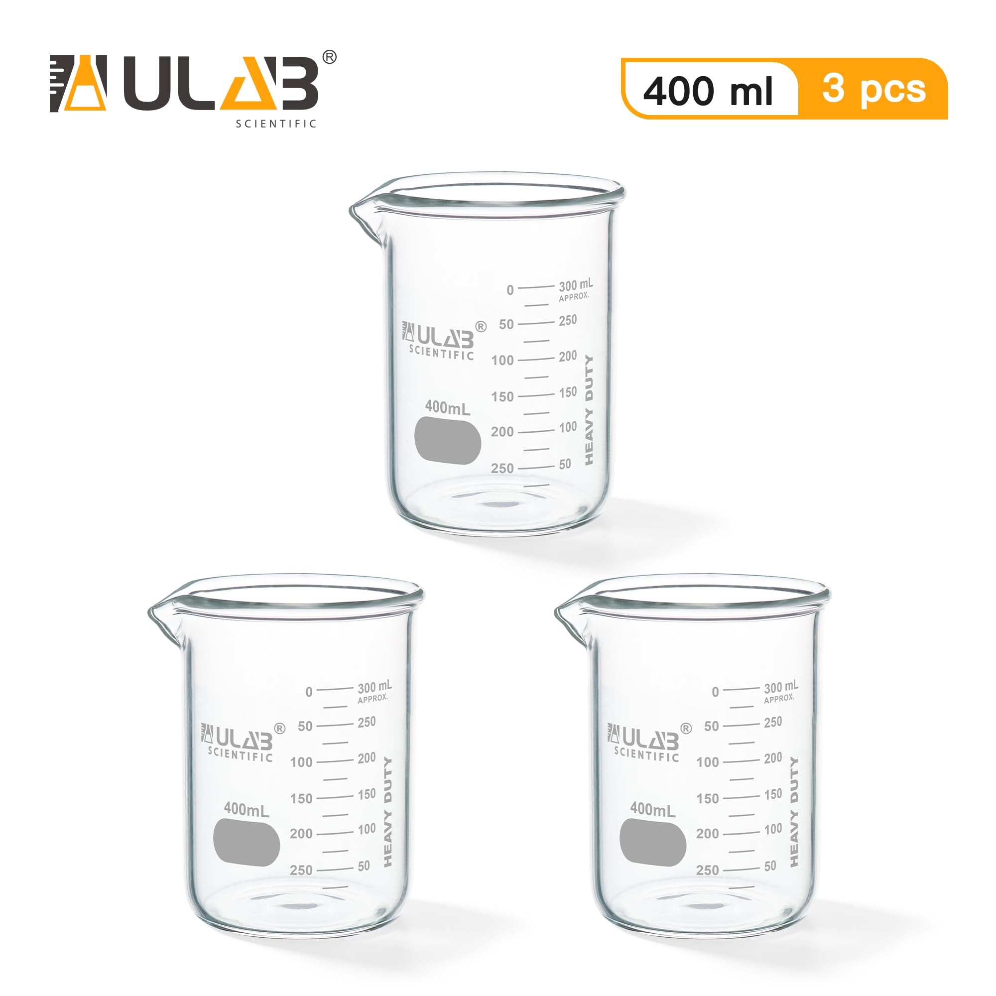 ULAB Scientific UBG1035 kubek borokrzemowy, 400 ml, 3,3, niski kształt z nadrukowanym podziałką, 3 sztuki