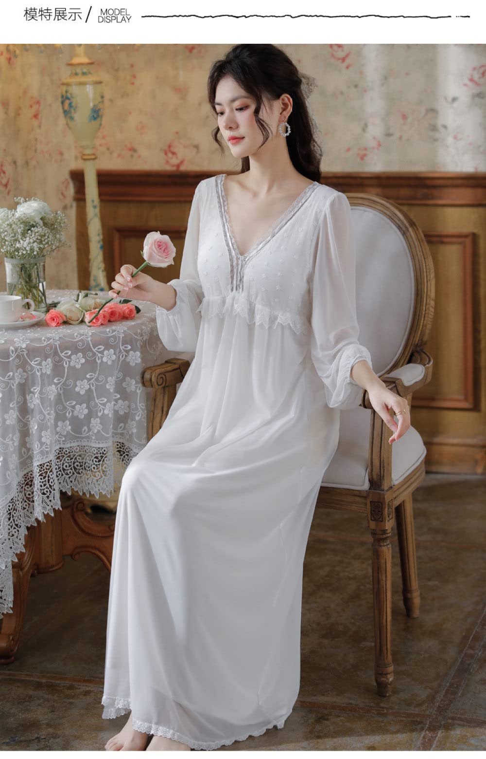 Nachthemd Damen Sexy,Damen-Nachthemden, Weiß, Mit V-Ausschnitt, Spitze, Rüschen, Rückenfrei, Sexy Schlafhemd, Weiches, Bequemes, Langärmliges Nachthemd, Loungewear Für Damen, Mädchen, Pyjama-P