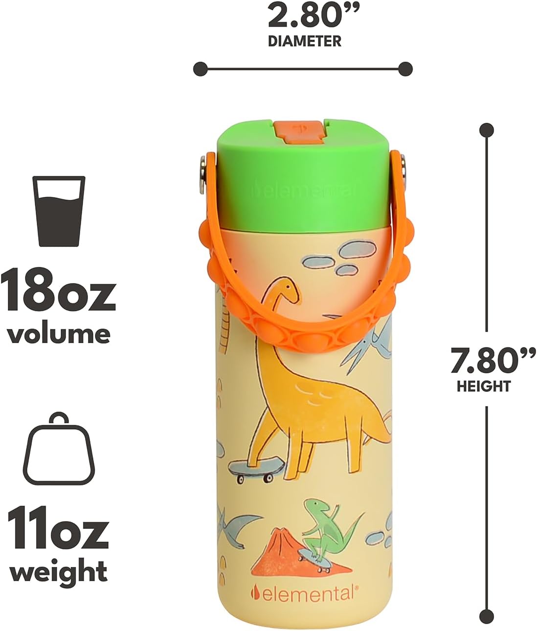 Elemental 100% Leak Proof When Spout is Closed Insulated Kids Water Bottle, Stainless Steel Bottle for School with Straw Lid & Pop-It Handle, Skater Dinos & Green Camo -18oz (2 Pack) - Image 2
