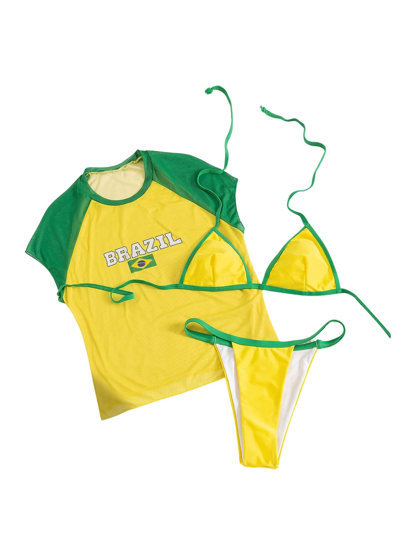Verdusa Womens 3 Piece Halter Bikini Set Brazil Flag Thong Bathing Suits with Beach Cover Up Top