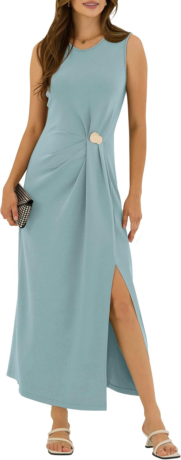 ZAFUL Women's 2026 Summer Ruched Casual A Line Maxi Dress Spring Sleeveless Split Elegant Cocktail Party Long Dresses
