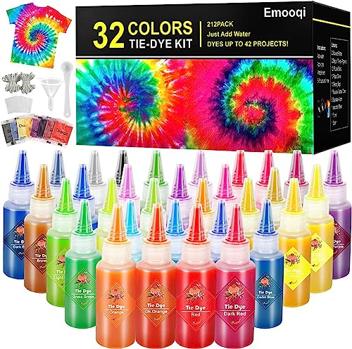 DIY Tie Dye Kits, Emooqi 32 Colours All-in-1 Tie Dye Set Contain 32 Bag Pigments, Rubber Bands, Gloves, Sealed Bag, Apron and Table Covers for Craft Arts Fabric Textile Party DIY Handmade Project