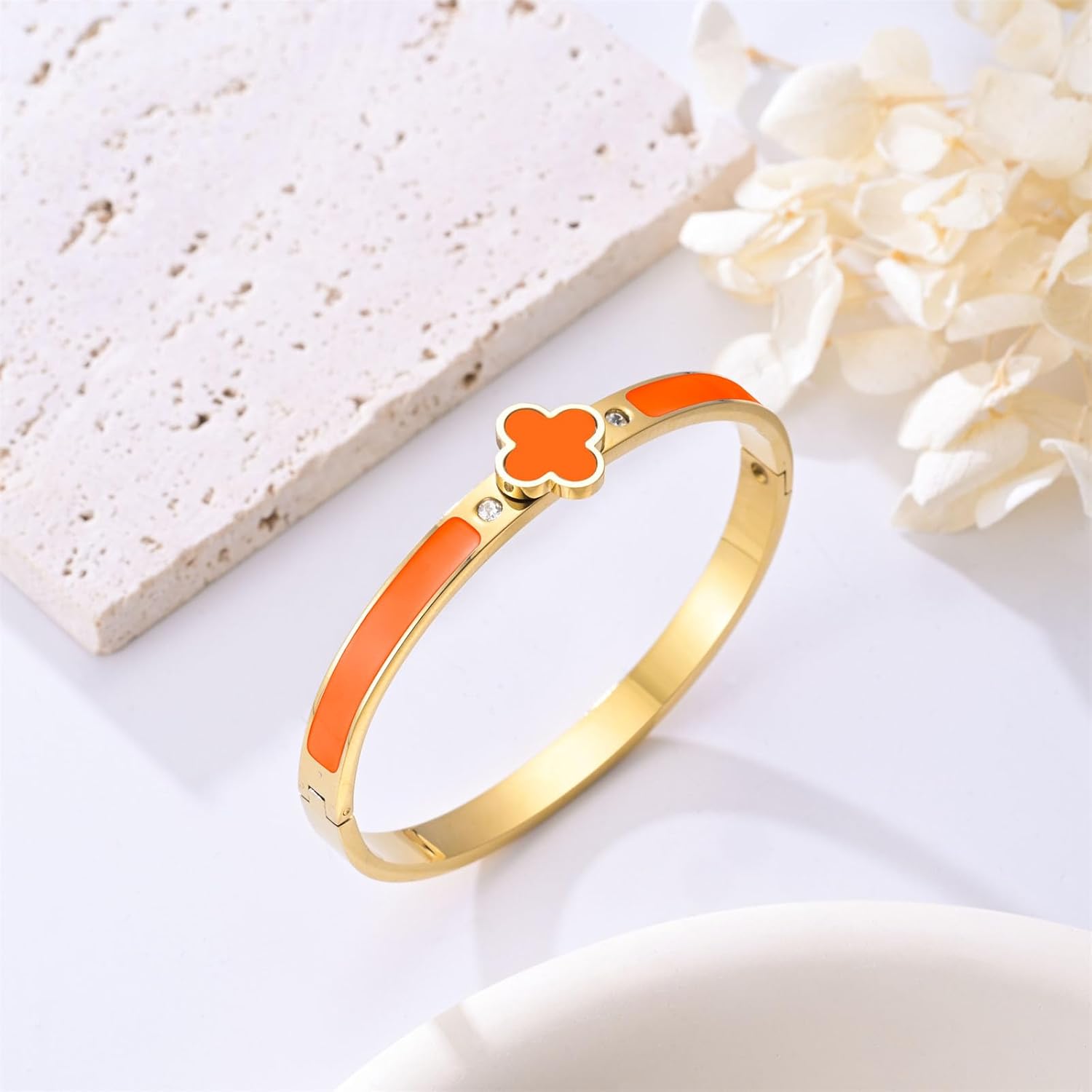 18k Gold Plated Stainless Steel Four Leaf Clover Bracelet for Women - Non-Tarnish, Precision Polished Chunky Oval Bangle in Black, White, Pink, Red Clover Bangle - Image 4