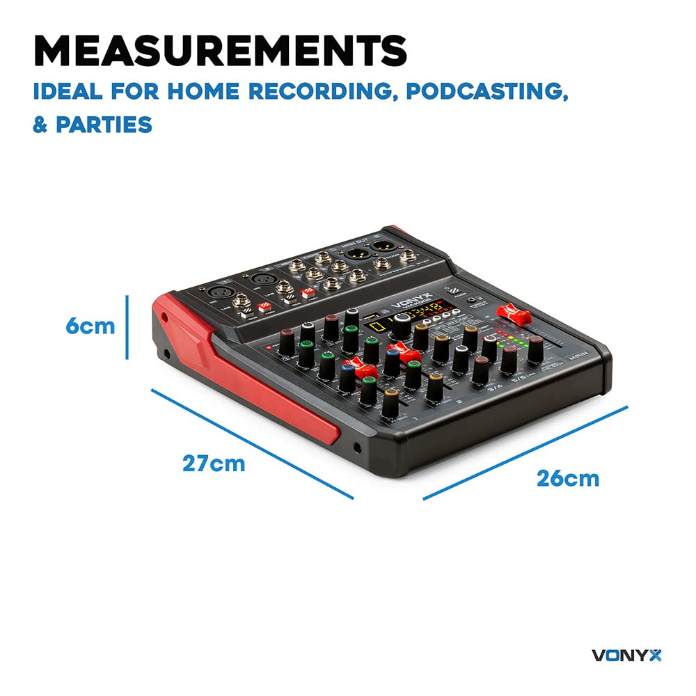 Vonyx VM-KG06 analoger Audio Mixer für Bands, Mischpult DJ Mixer, 6 Kanal DJ Mischer mit Bluetooth, MIC, XLR, 6,3mm Jack, DSP Soundeffekt, USB, MP3, Record - Schwarz