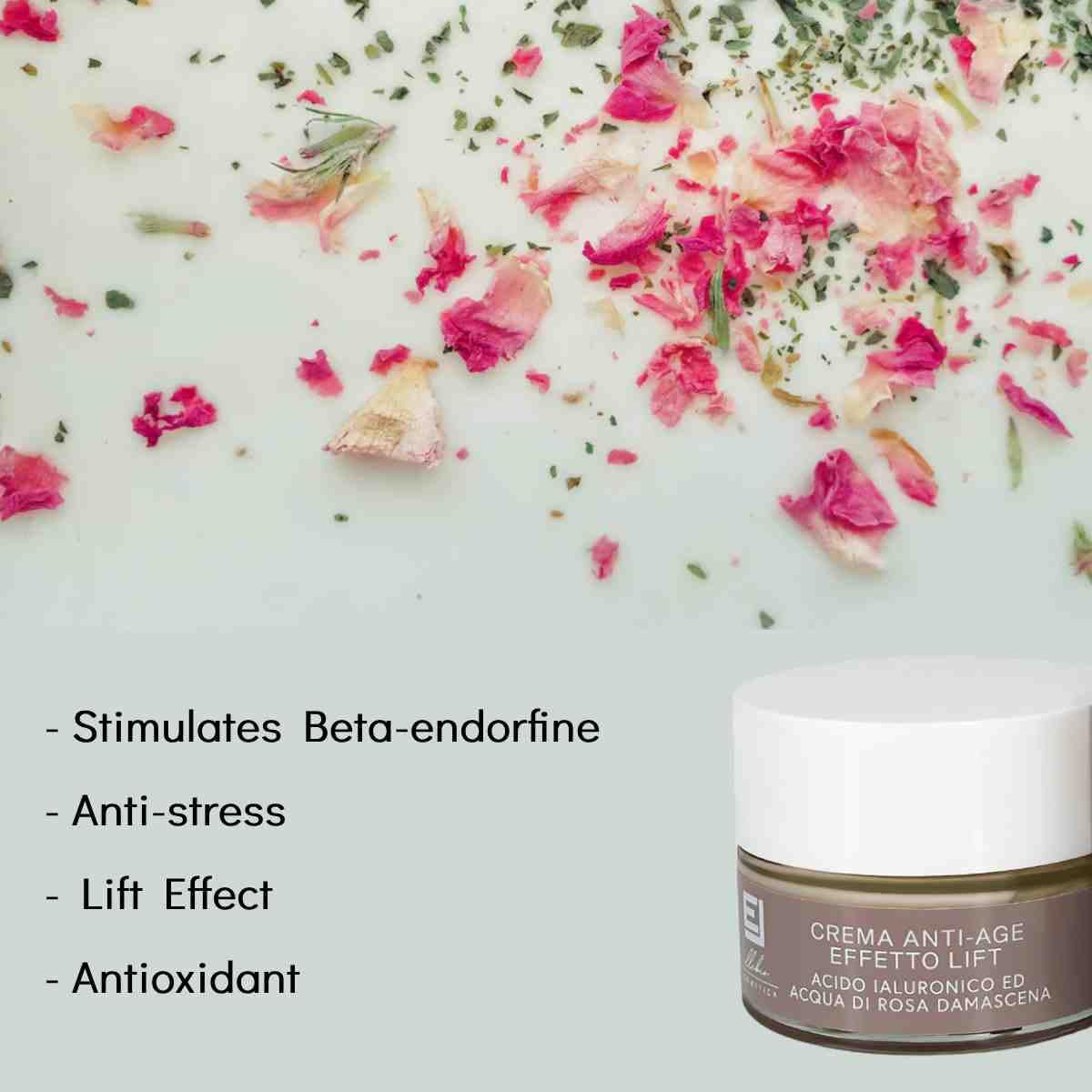 CRÈME ANTI-ÂGE RELAXANTE EFFET LIFTING À L'ACIDE HYALURONIQUE HYDRATANT ET REPULPANT ANTIOXYDANT RÉDUIT LE STRESS TESTÉ SUR PEAUX SENSIBLES BIO ET BIO MADE IN ITALY