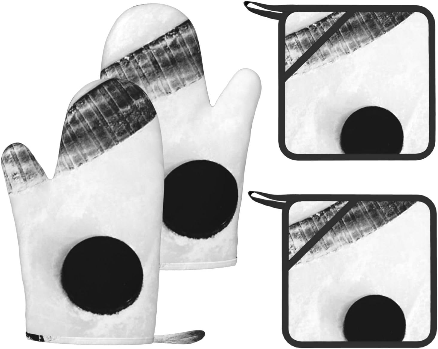 Ice Hockey Art Oven Mitts and Pot Holders Set of 4 Heat Resistant Kitchen Gloves with Silicone Palm Hot Pads for Baking Cooking Grilling BBQ