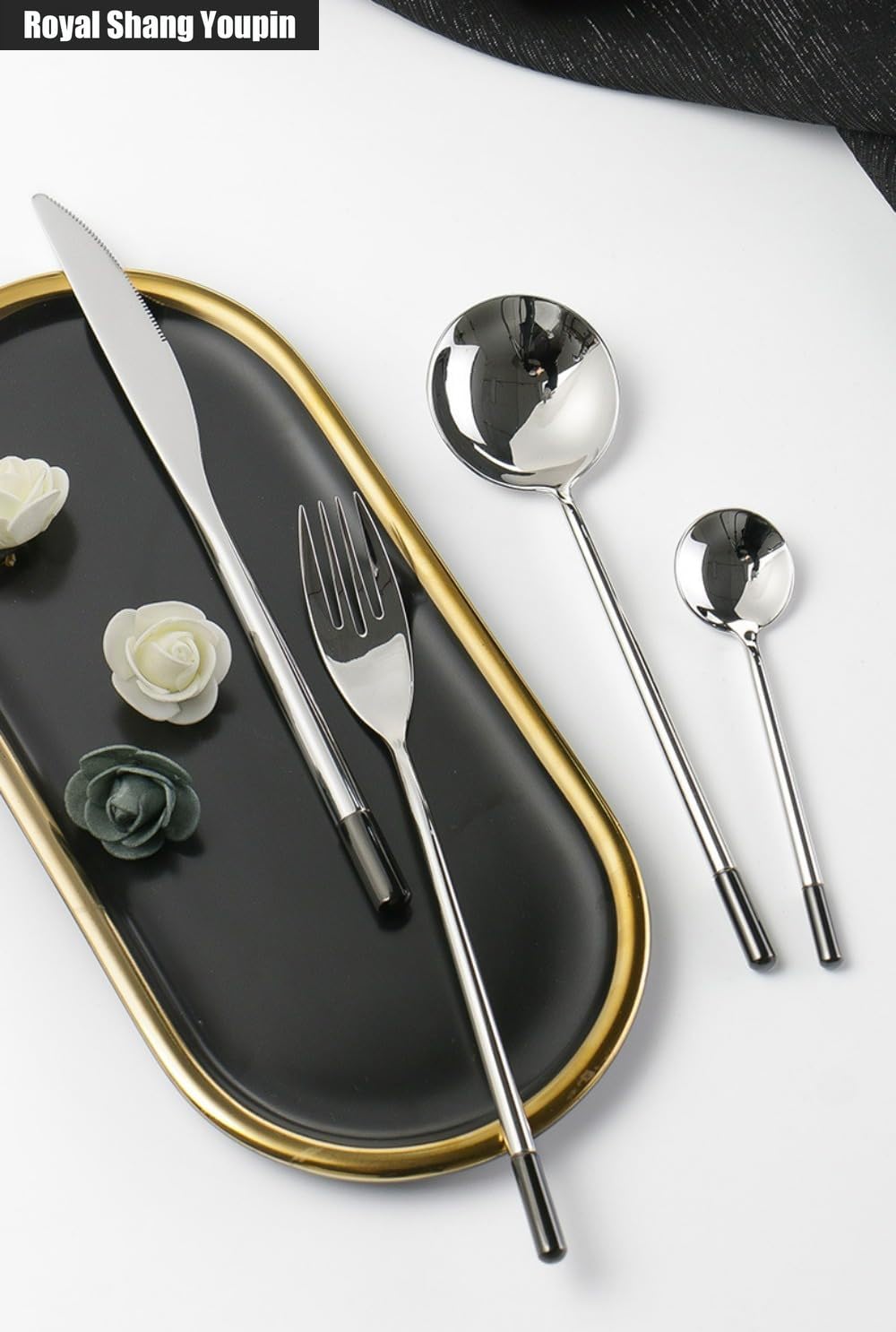 Maniglia Creativa Cucina Acciaio Inossidabile Posate Stoviglie Posate Coltelli Forchette Cucchiai Set, Cucchiaio Da Hotel Dessert Cucchiaio Da Caffè (Nero,16 pezzi)