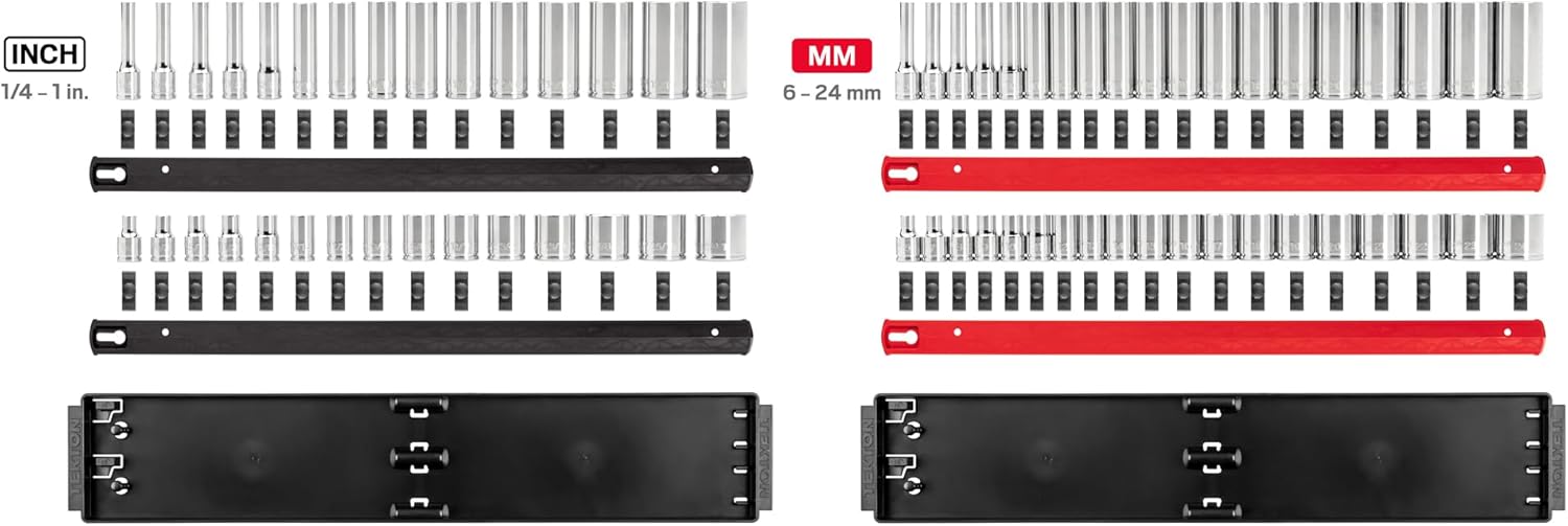 TEKTON 3/8 Inch Drive Shallow and Deep 12-Point Socket Set with Rails and Trays, 68-Piece (1/4-1 in., 6-24 mm) | SHD91221