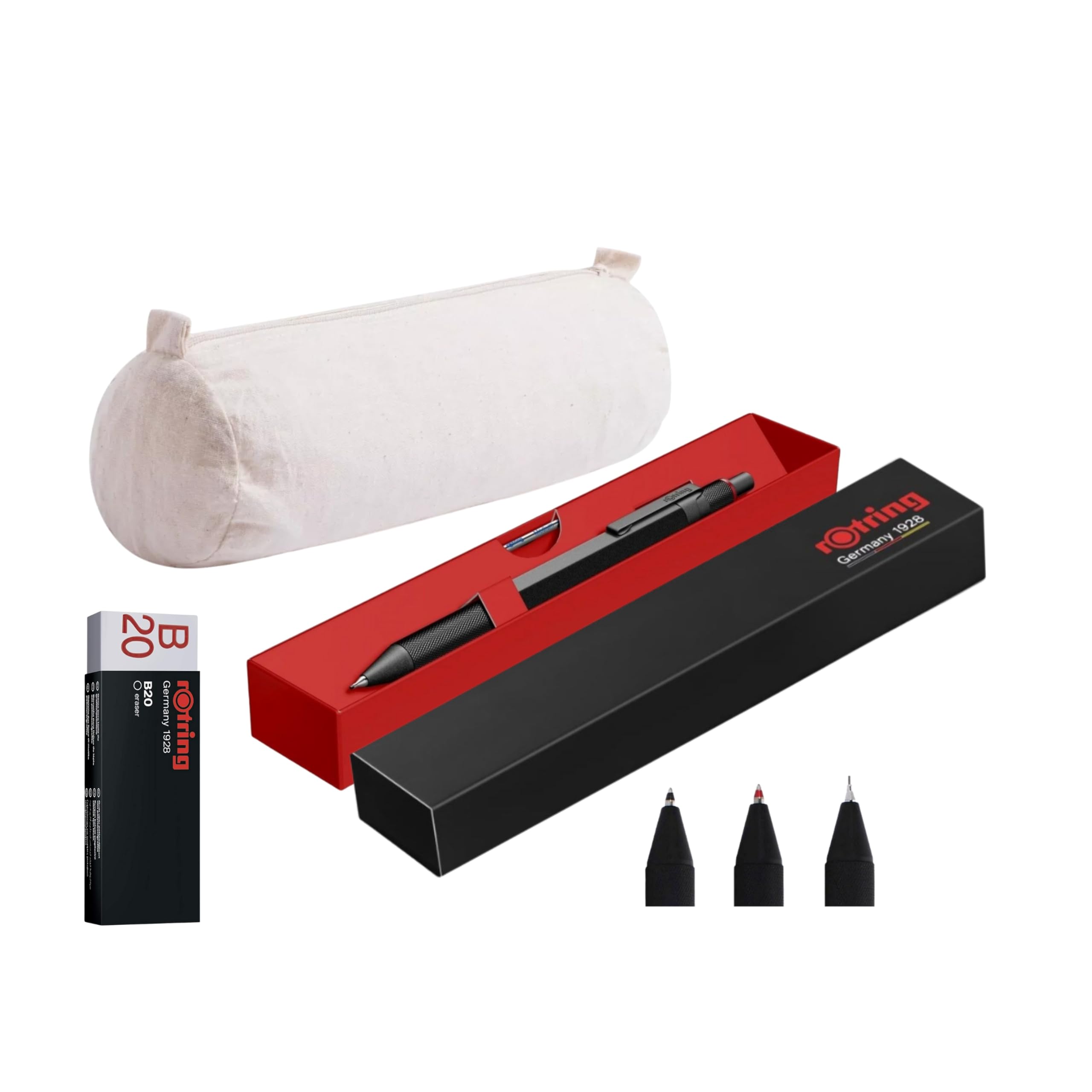 rOtring 600 3-in-1 Multicolor Pen und Druckbleistift | Schwarz & Rot Kugelschreiber Spitzen | 1 Druckbleistiftspitze (0,5 mm) | Schwarzer Schaft | + B20 Radiergummi & Baumwoll-Federmäppchen