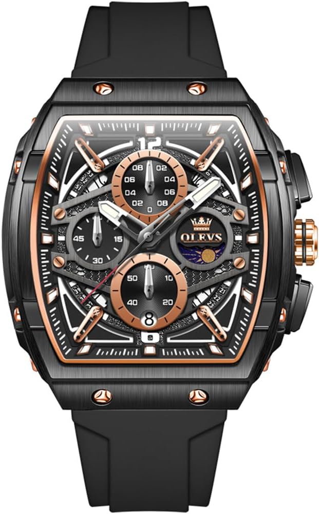 OLEVS Watches for Men, Tonneau Square Water Resistant Mens Fashion Watch, Large Face Multifunctional Moon Phase Three Hands Mens Watch