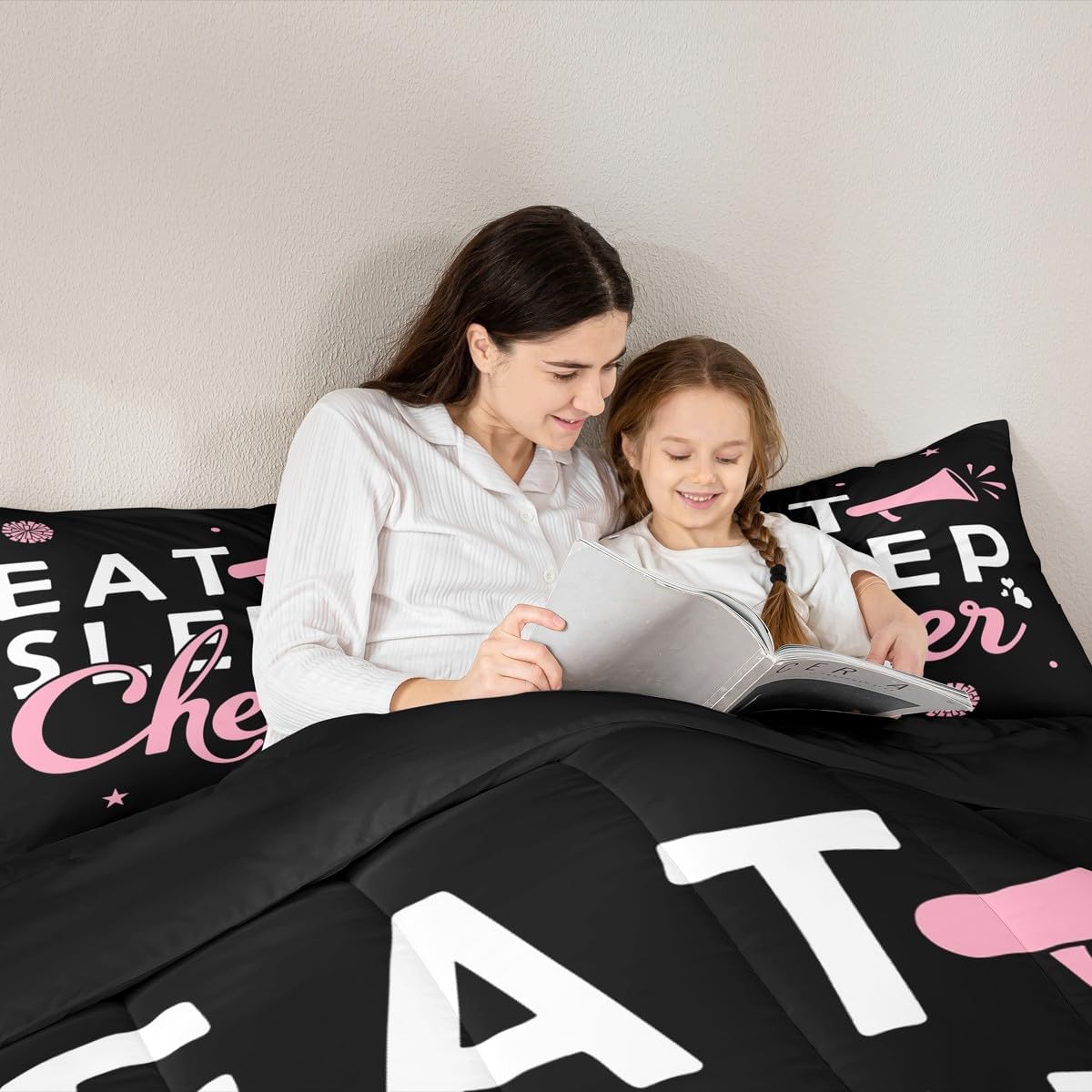 Feelyou Pink Eat Sleep Cheer Comforter Set for Girls Boys Cheerleader Comforter Gymnastics Dancing Lovers Bedding Set Girls Cheerleading Sports Duvet Set King Size Quilt Boys