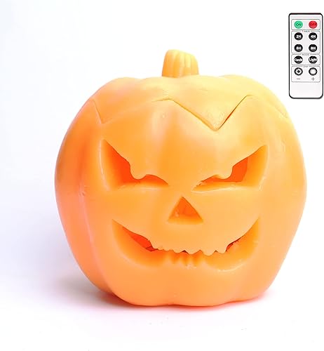 Miniatura 10 de Calabaza iluminada con sonrisa de Halloween con control remoto de 10 teclas, vela parpadeante de cera real sin llama en forma de calabaza con