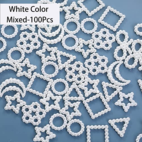 100Pcs Pearls Nail Charms Multi-Shaped Acrylic Heart Star Circle Bowknot Cute Assorted White Pearls 3D Nail Art Charms For Nail Art Diy Crafting #TOP1