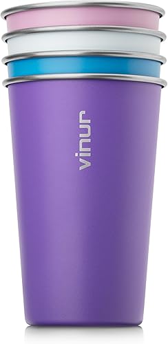 VINUR Vasos de acero inoxidable de 16 onzas, paquete de 4 vasos de pinta apilables de metal para viajes, campamento, exteriores (morado, rosa, azul