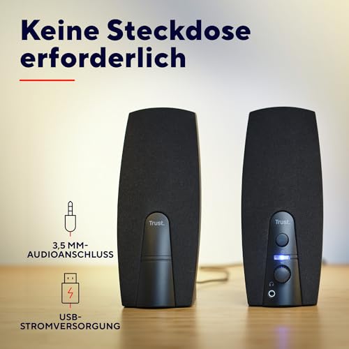 Trust Almo 2.0 PC Lautsprecher Set 10W, 3,5 mm AUX Klinke, Kompakte Größe, Lautstärkeregelung, USB-Betrieb Stereo Computer Boxen für PC, Laptop - Schwarz – Bild 4