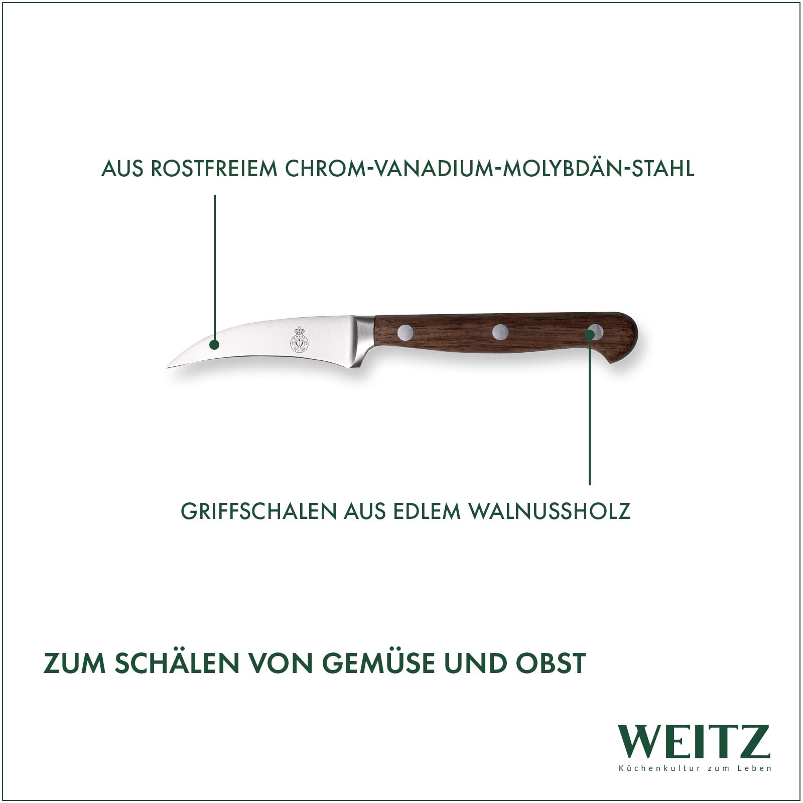 WEITZ Classic Nussbaum Schälmesser 7cm | Gemüsemesser gebogen, rostfreier Edelstahl, Walnuss-Griff, Solingen, Made in Germany