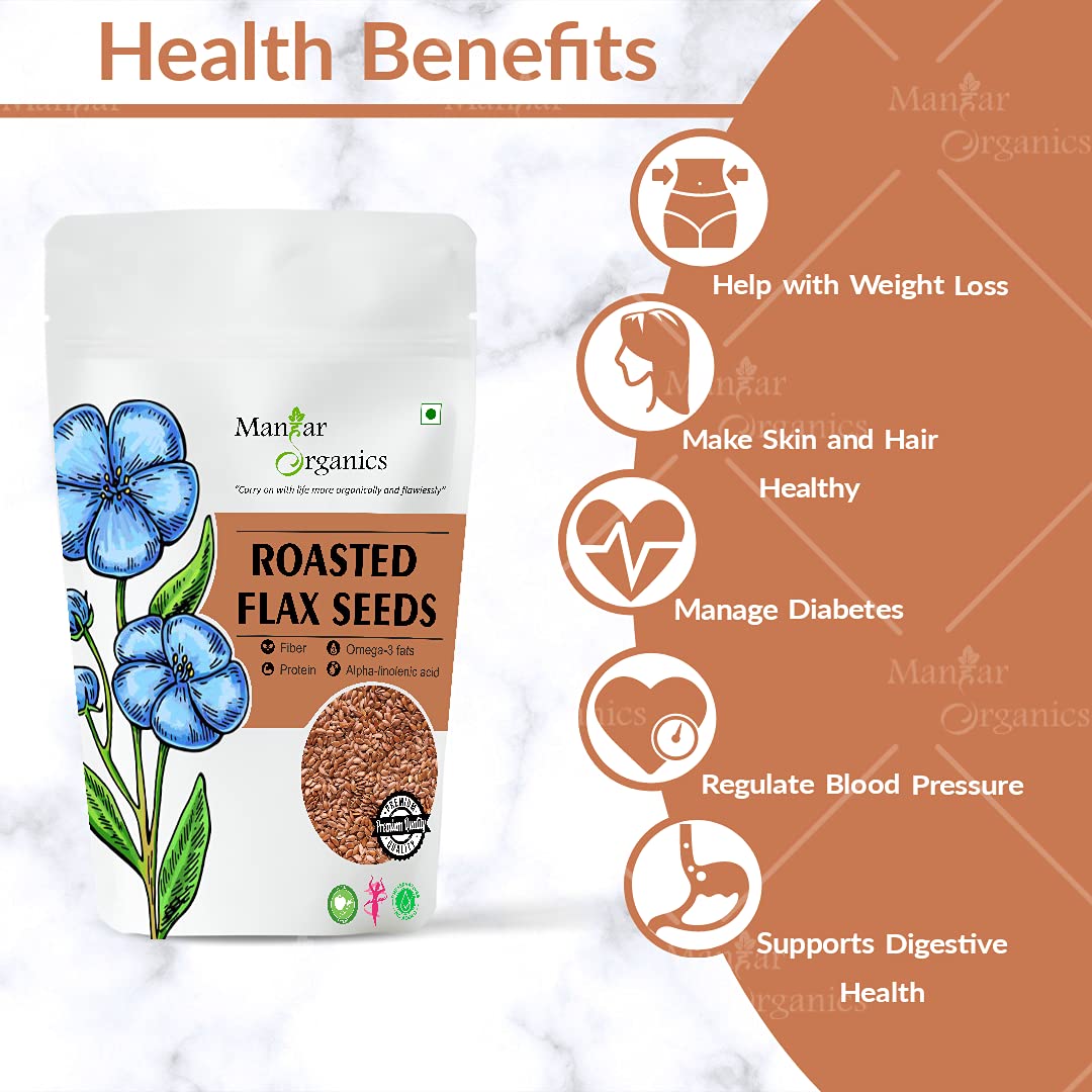 ManHar Organics Roasted Flax Seeds 500gm | Dry Roasted Alsi Seeds Rich in Omega-3 & Fiber | Healthy Ready-to-Eat Snack for Hair, Skin & Daily Nutrition 1