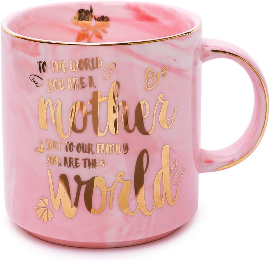 Moms Mug - Mothers Day Gifts and Birthday Gifts - To the World You Are a Mother But To Our Family You Are the World - Ceramic Marble Cups 13 oz (Pink)