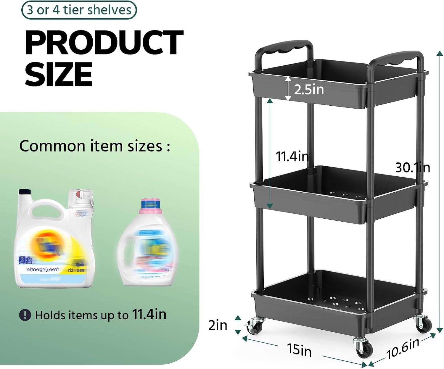 Goovilla Rolling Storage Cart, 3 Tier,Black | Rolling Utility Cart Organizer, Fruit Vegetable Storage Rack Also for Kitchen, Cans, Snack, Craft, Art, Office, Beauty