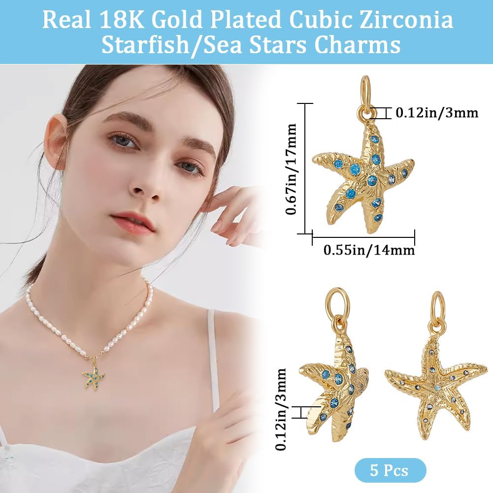Beebeecraft 1 Box 5Pcs Cubic Zirconia Starfish Charms 18K Gold Plated Sea Stars Animal Cristal Rhinestone Pendant Charms with Jump Ring for Jewellery Making DIY Earring Necklace Bracelet Crafts