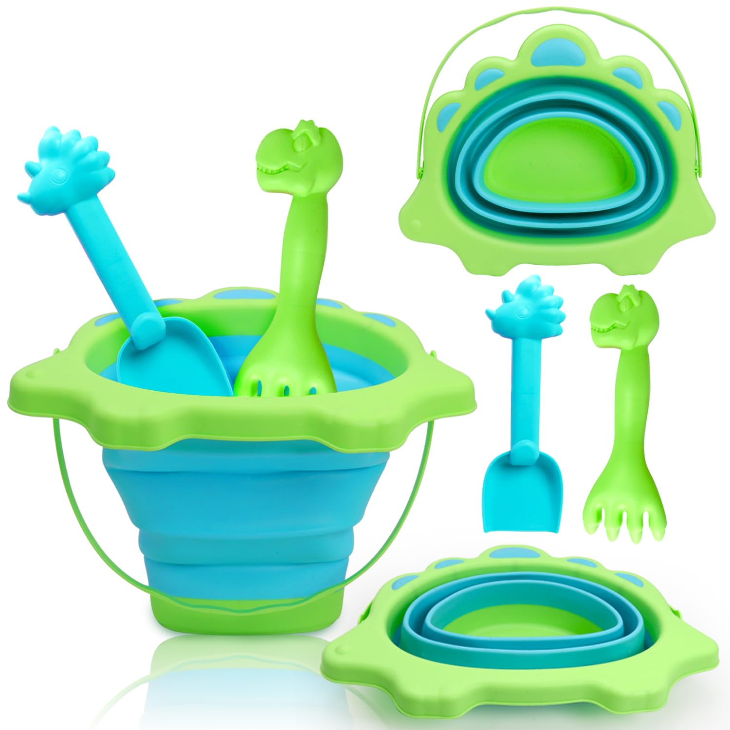 Beach Toys, Sand Box Toys for Kids Outdoor, Sand Toys with 2.5L Silicone Collapsible Bucket, Dinosaur Watering Can, Shovels for Camping Gear, Fishing,