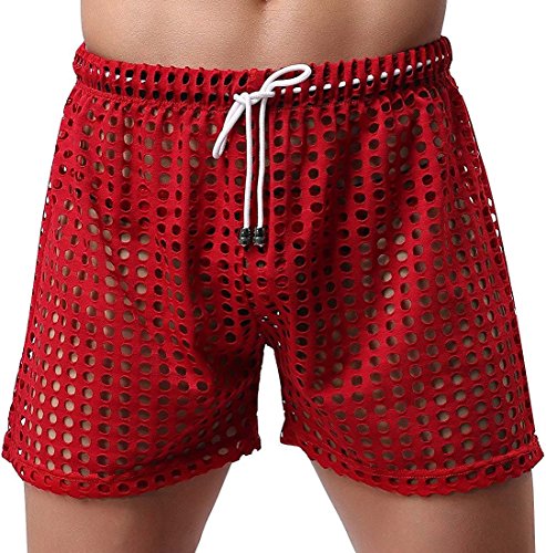 Mendove Men's Mesh Drawstring Shorts Sexy Lounge Hollow Boxer Underwear Size Large Red