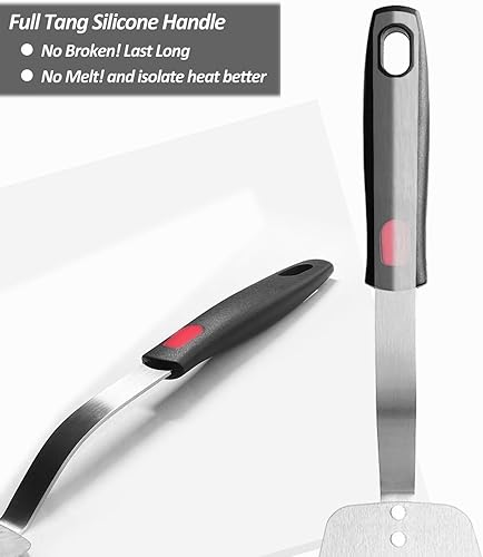 Miniatura 5 de XiaoZu - Espátula flexible de acero inoxidable, espátula fina de metal para sartén de hierro fundido, hoja fina y mango de silicona resistente al