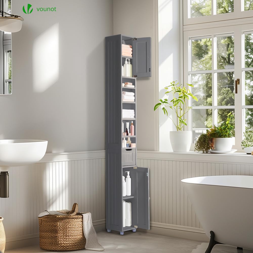 VOUNOT® Colonna Bagno, Armadio da Bagno Salvaspazio, Mobile Alto Bagni con 2 Ante e 1 Cassetto, 20x20x180cm, Grigio